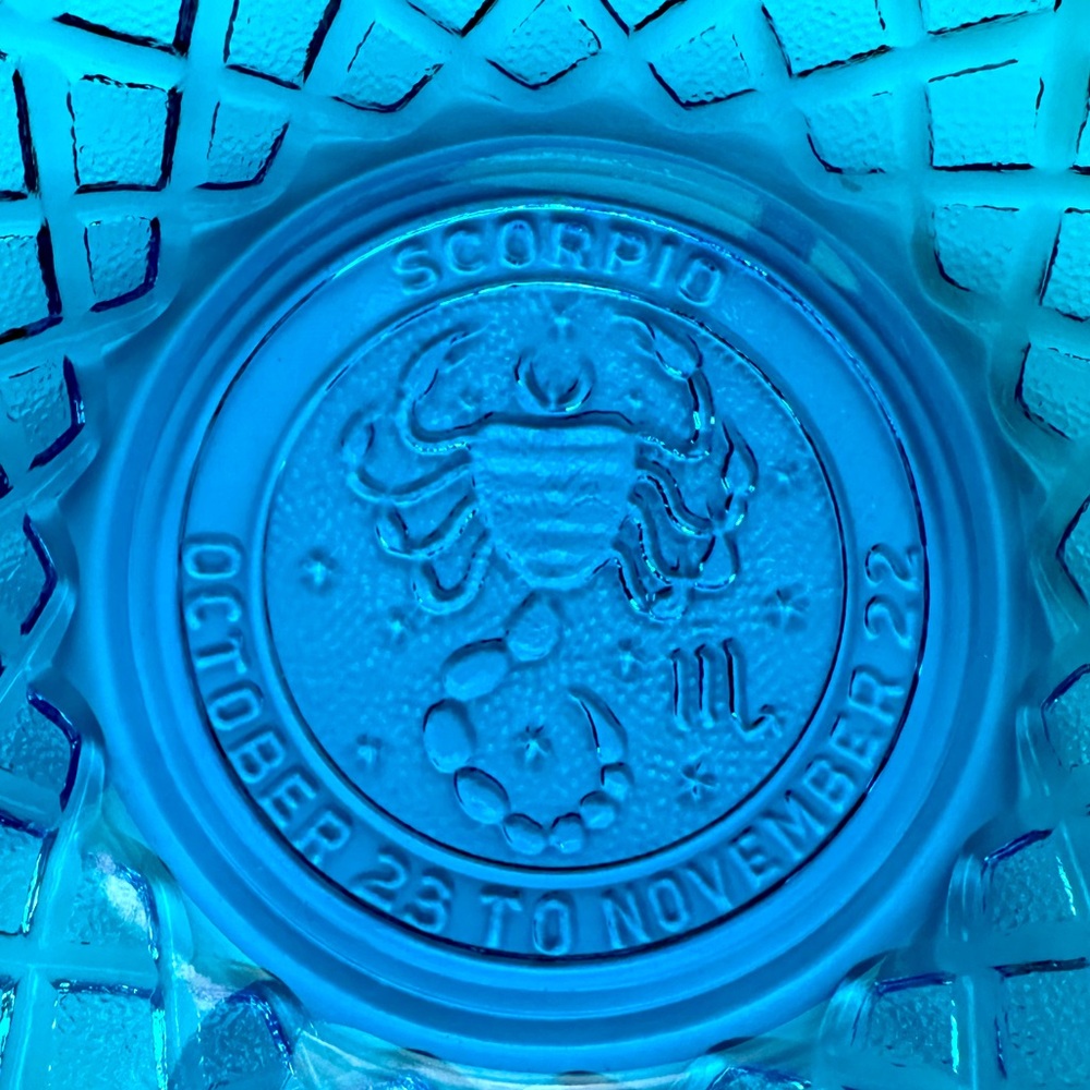 Scorpio Zodiac Art Glass Bowl 5” Trinket Dish Light Aqua Blue
